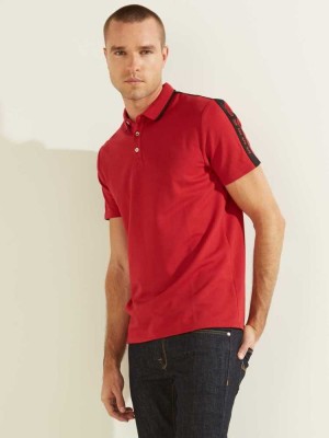 Red Guess Pique Logo-Taping Men's Polo Shirts | 8493-BHOCA