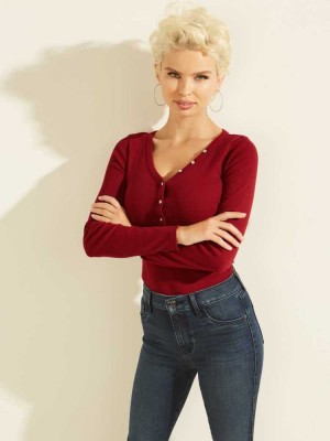 Red Guess Rhinestone Logo Henley Women's Tops | 8427-JUVDI