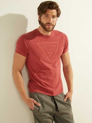 Red Multicolor Guess Embroidered Logo Men's T-Shirts | 4058-ZQWCS
