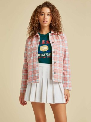 Red Multicolor Guess Originals Plaid Denim Women's Jackets | 7082-QXRPO