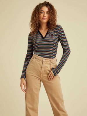 Red Multicolor Guess Originals Striped Collar Women's Bodysuit | 6754-TZRUQ