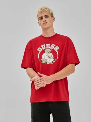 Red Pink Guess Originals Bear Men's T-Shirts | 2417-UVRXZ