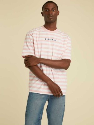Red Pink Guess Originals Striped Logo Men's T-Shirts | 2190-SGOFW