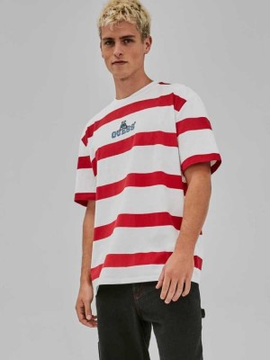 Red Pink Multicolor Guess Originals Bear Stripe Men's T-Shirts | 8109-WDQNY