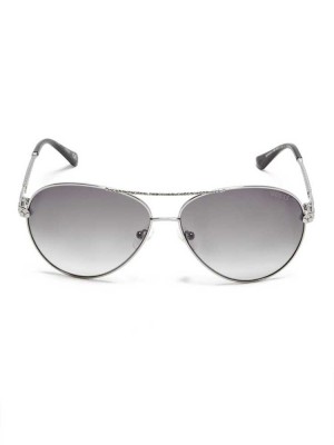 Silver Guess Catherine Rhinestone Aviator Women's Sunglasses | 6850-MXLRQ