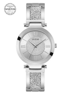 Silver Guess Silver-Tone Crystal Bangle Analog Women's Watches | 6104-XHNPV
