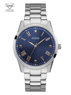 Silver Guess Silver-Tone Diamond Analog Men's Watches | 2678-PUYZB