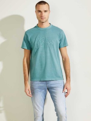 Turquoise Guess Classical Embroidered Logo Men's T-Shirts | 2390-TUAJR
