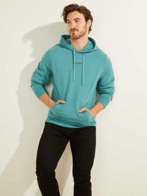 Turquoise Guess Eco Roy Embroidered Logo Men's Hoodies | 7291-DZKVP