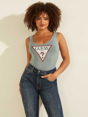 Turquoise Guess Triangle Logo Women's Bodysuit | 3172-GHTEJ