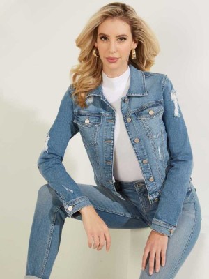 Wash Guess Destroyed Denim Trucker Women's Jackets | 0912-LYPMT