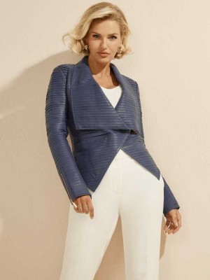 Wash Navy Guess Shayna Drape Leather Women's Jackets | 9641-GJXKU