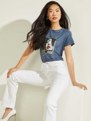 Wash Navy Multicolor Guess 80s TV Easy Women's T-Shirts | 7560-EIGFU