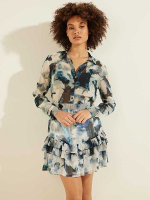 White Black Guess Eco Clouds Women's Shirts | 7215-XHEKR