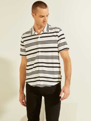 White Black Guess Leo Striped Men's Shirts | 2604-TQKHS