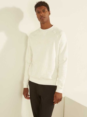 White Guess Aldwin Crewneck Men's Sweatshirt | 4285-WZEOT