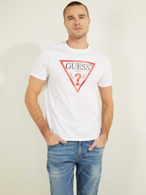 White Guess Classic Logo Men's T-Shirts | 1630-ZETNM