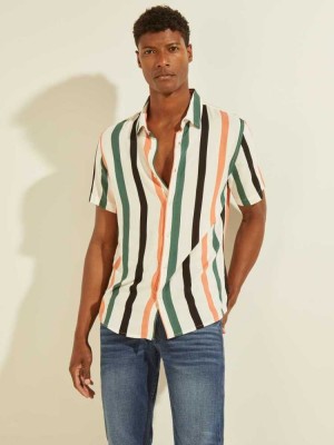 White Guess Eco Art Stripe Men's Shirts | 2910-PHTSE