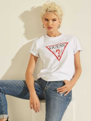 White Guess Eco Classic Logo Women's T-Shirts | 1093-EIMPN