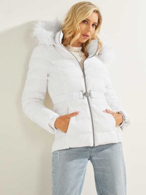 White Guess Eco Claudiaed Down Puffer Women's Jackets | 9487-AOULT