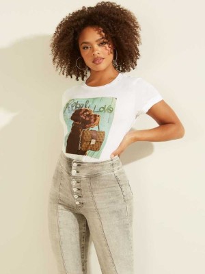White Guess Eco Dog and Purse Graphic Women's T-Shirts | 2851-TVMEU
