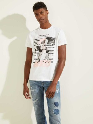 White Guess Eco Night Graffiti Men's T-Shirts | 9784-ENAOK