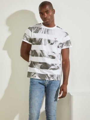 White Guess Eco Striped Photo Men's T-Shirts | 9654-FBQZY