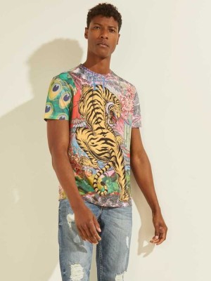 White Guess Eco Tiger Graphic Men's T-Shirts | 1782-OTVYK