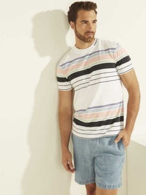 White Guess Eli Acid Wash Stripe Men's T-Shirts | 6530-AYSEZ