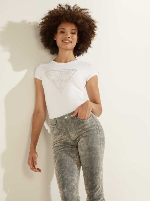 White Guess Embellished Logo Women's T-Shirts | 0427-MTFYJ