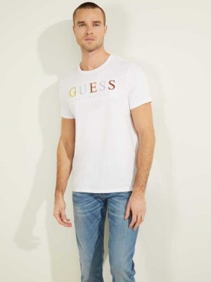 White Guess Embossed Logo Men's T-Shirts | 2346-PLDFE