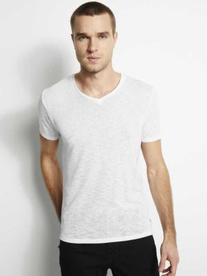 White Guess Gauze V-Neck Men's T-Shirts | 6085-KIWLS
