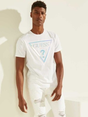 White Guess Hologram Logo Men's T-Shirts | 1460-EOJHT