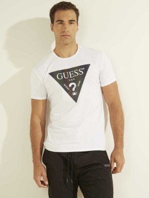 White Guess Iridescent Logo Graphic Men's T-Shirts | 1982-ENUVK
