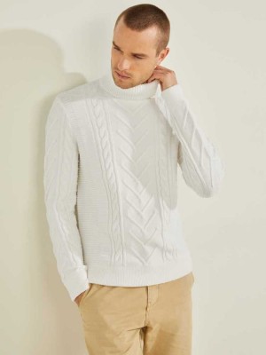 White Guess Liam Mixed Cable Turtleneck Men's Sweaters | 5937-VFUSM
