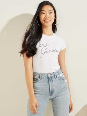 White Guess Love Rhinestone Women's T-Shirts | 4986-HFSQR
