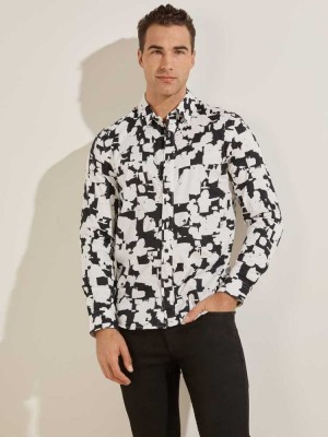 White Guess Luxe Abstract Splatter Men's Shirts | 0123-BFRML