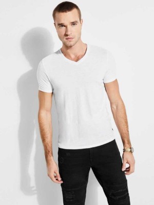 White Guess Mason Yoke V-Neck Men's T-Shirts | 8217-ACYRP