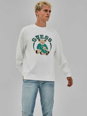 White Guess Originals Bear Crewneck Men's Sweatshirt | 1379-KCDQU