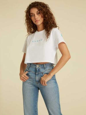 White Guess Originals Logo Crop Women's T-Shirts | 6157-KWLRB