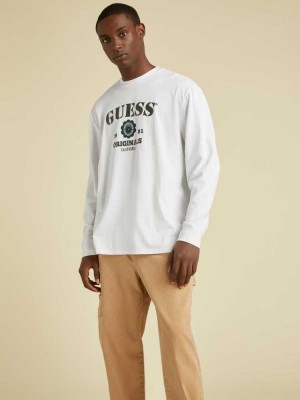 White Guess Originals Logo Long Sleeve Men's T-Shirts | 9728-PUETK
