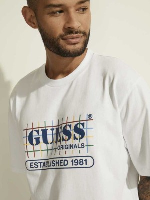 White Guess Originals Rainbow Grid Men's T-Shirts | 6317-SNCXR
