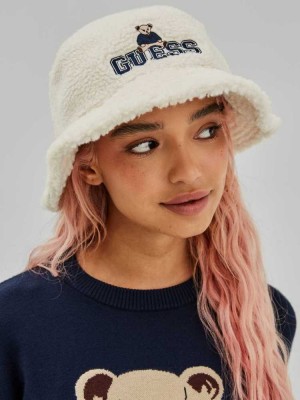 White Guess Originals x Bear Sherpa Bucket Women's Hats | 3826-UIOED