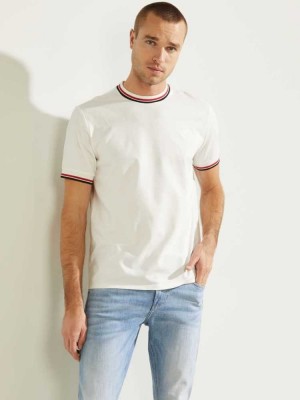 White Guess Paul Ringer Men's T-Shirts | 5891-VKFXA