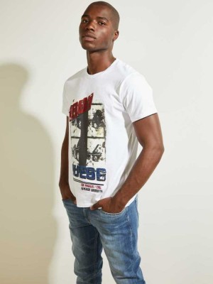 White Guess Photographic Car Men's T-Shirts | 7219-CZUNA