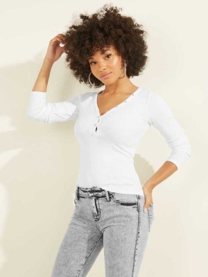 White Guess Rhinestone Logo Henley Women's Tops | 3918-LOJMZ