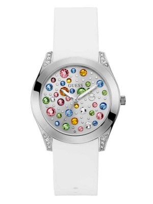 White Guess Silver-Tone and White Analog Women's Watches | 4958-JFQNT