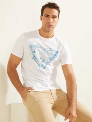 White Guess Splash Men's T-Shirts | 7681-RYAON