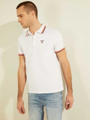 White Guess Sports Pique Logo Men's Polo Shirts | 0689-FMTGV