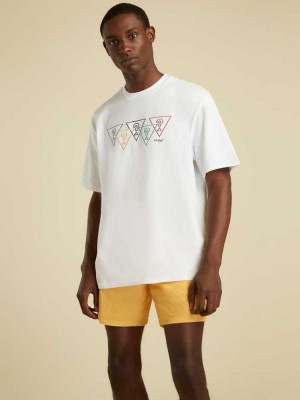 White Guess Summer Games Logo Men's T-Shirts | 0375-JUXCM